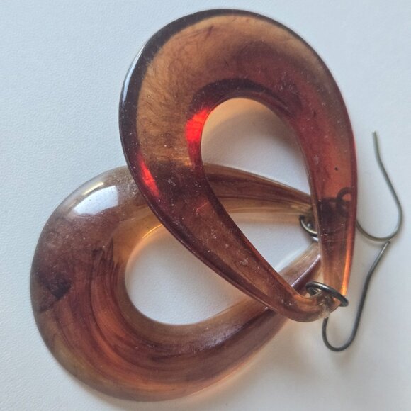 Vintage Brown Marbled Oval Lucite Drop Earrings - Picture 1 of 6